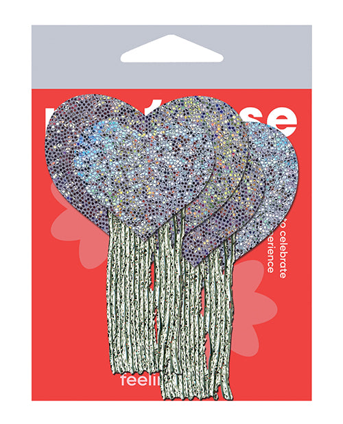 Pastease Silver Glitter Heart Pasties with Tassels, Waterproof Adhesive for Party Lingerie and Costume Wear