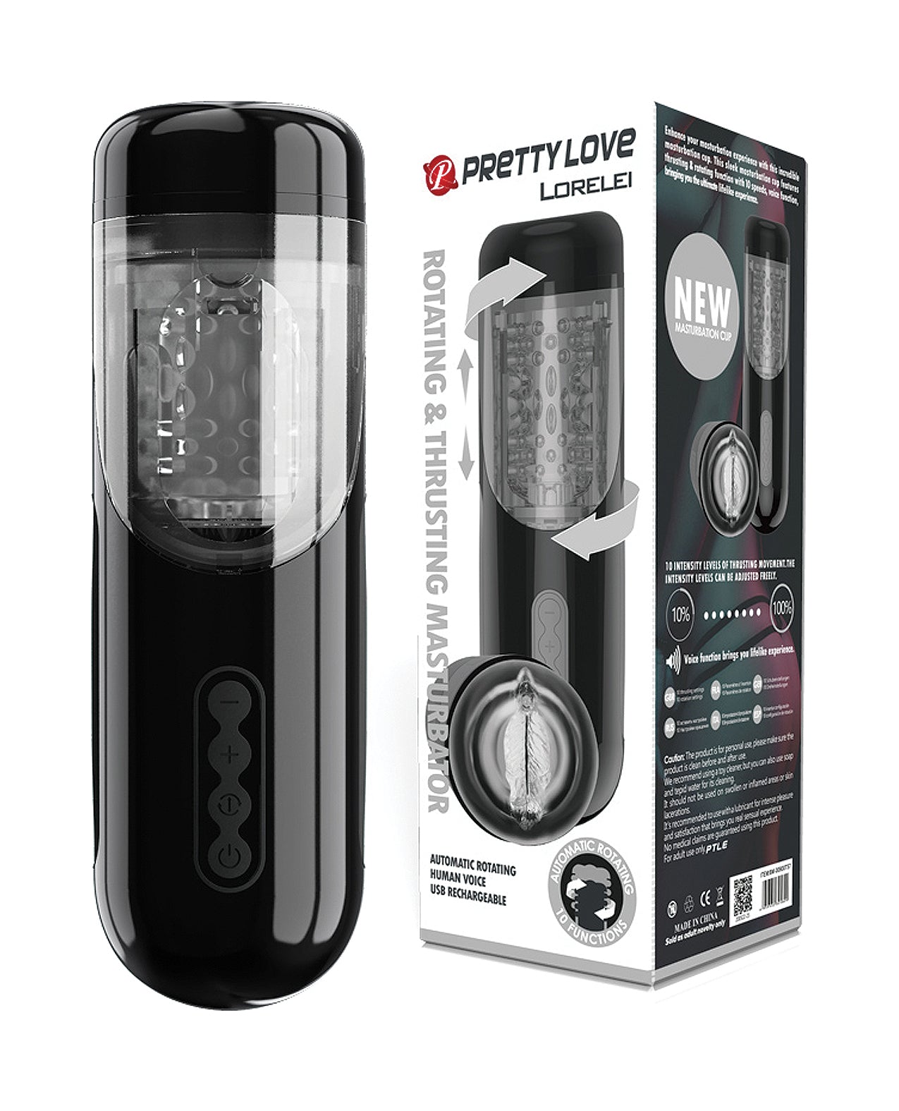 Pretty Love Rotating Masturbator Black Automatic Thrusting with Voice Function for Intense Men's Stimulation