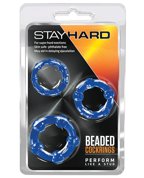 Stay Hard Beaded Cock Rings 3 Pack stretch fit blue TPE for erection support and stamina