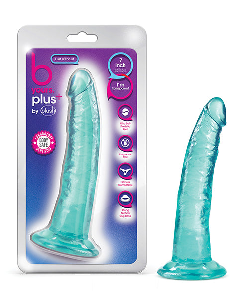B Yours Plus realistic teal dildo with curved shape and suction cup for targeted G-spot stimulation and hands-free or harness use