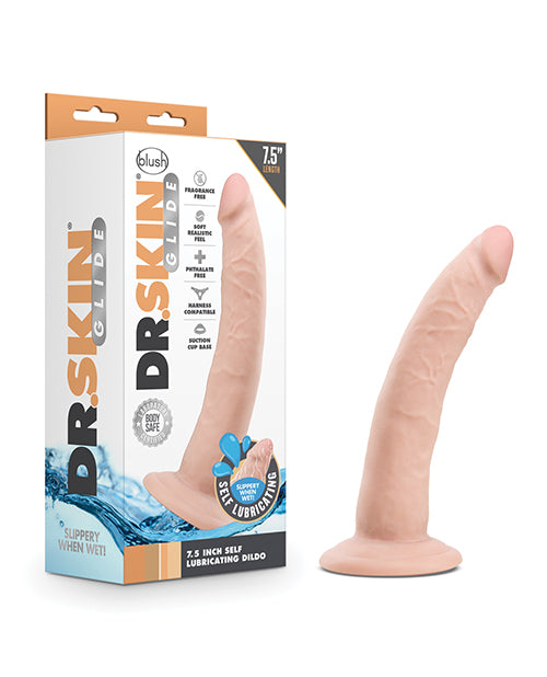 Dr. Skin Glide 7.5 Inch Self Lubricating Vanilla Dildo with Suction Cup Base for Realistic Pleasure