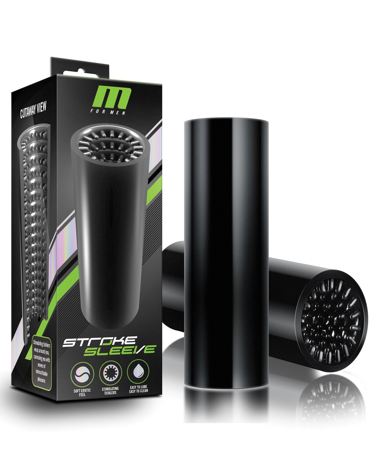 M for Men Masturbator Black Stroke Sleeve with Stimulating Ticklers and Reversible Design for Intense Sensation