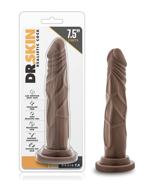 Dr. Skin Dildo Realistic Chocolate 7.5-Inch Suction Cup for Solo and Strap-On Play