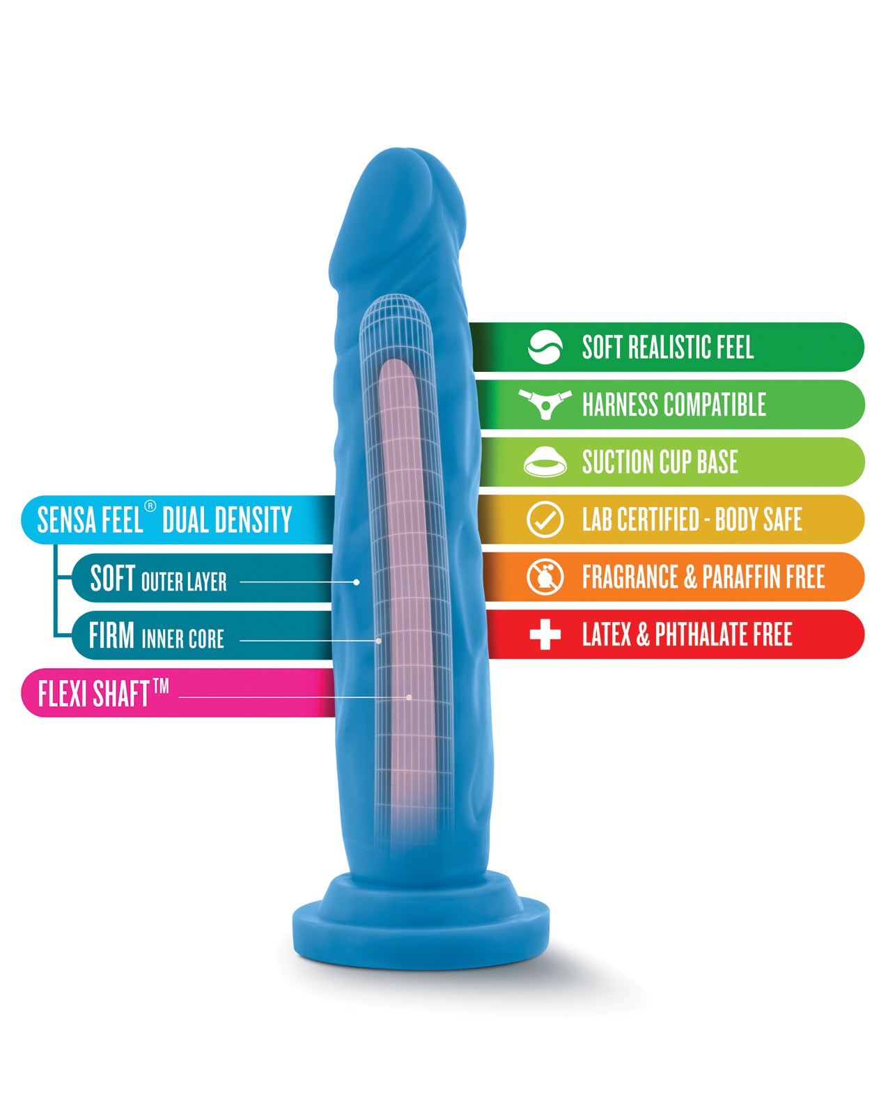 Blush Neo Neon Blue Dual Density 7.5" Realistic Dildo with Suction Base