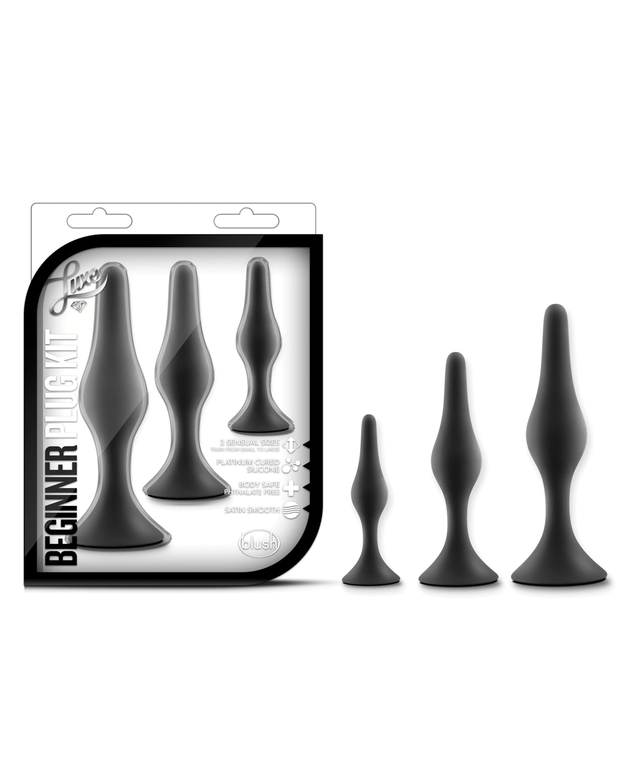 Luxe Anal Plug Kit Black Silicone Butt Plugs Graduated Sizes for Comfortable Beginner Anal Play