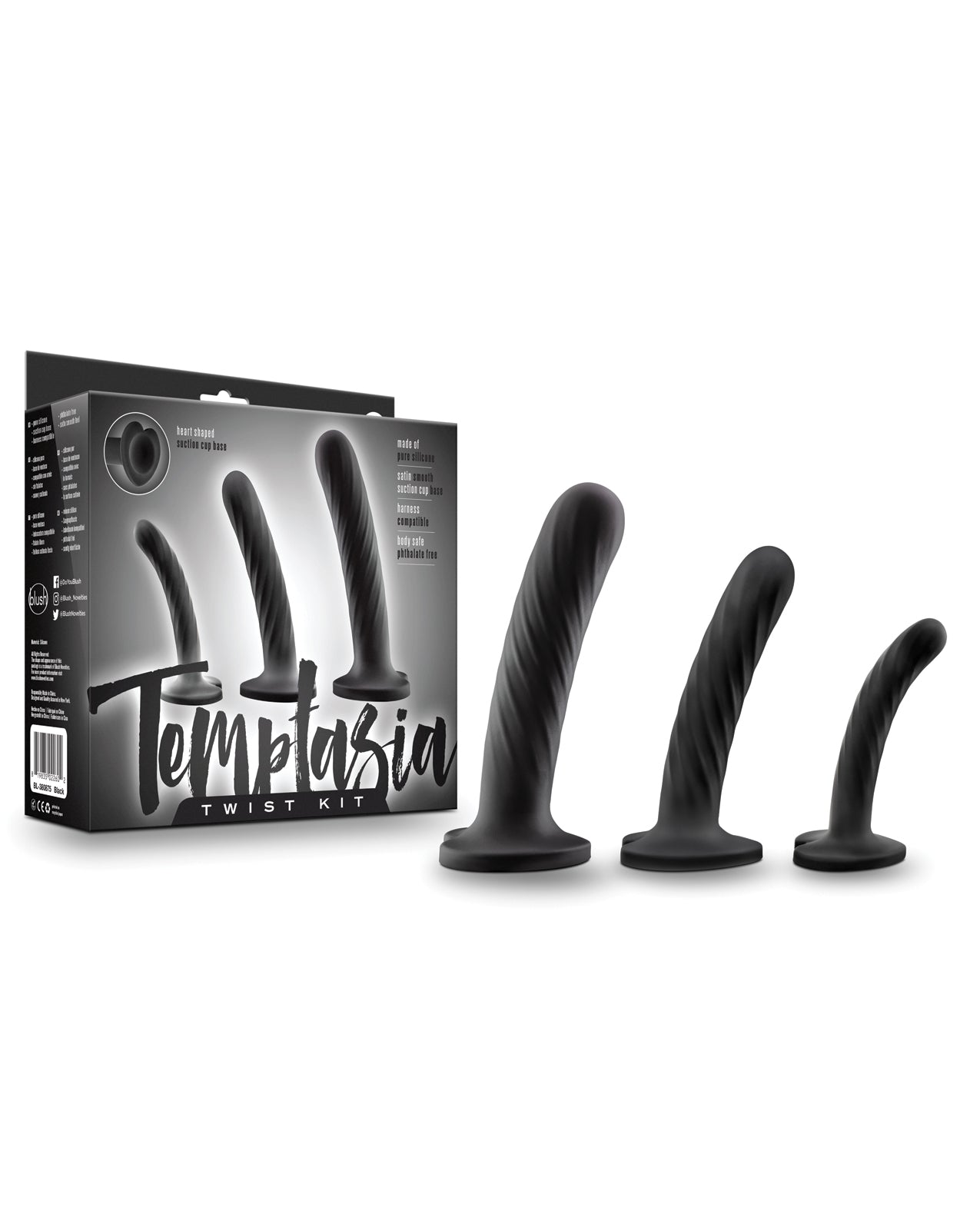 Temptasia Strap On Dildo Kit Black Silicone Set with Heart Bases and Suction Cups for Versatile Intimate Play