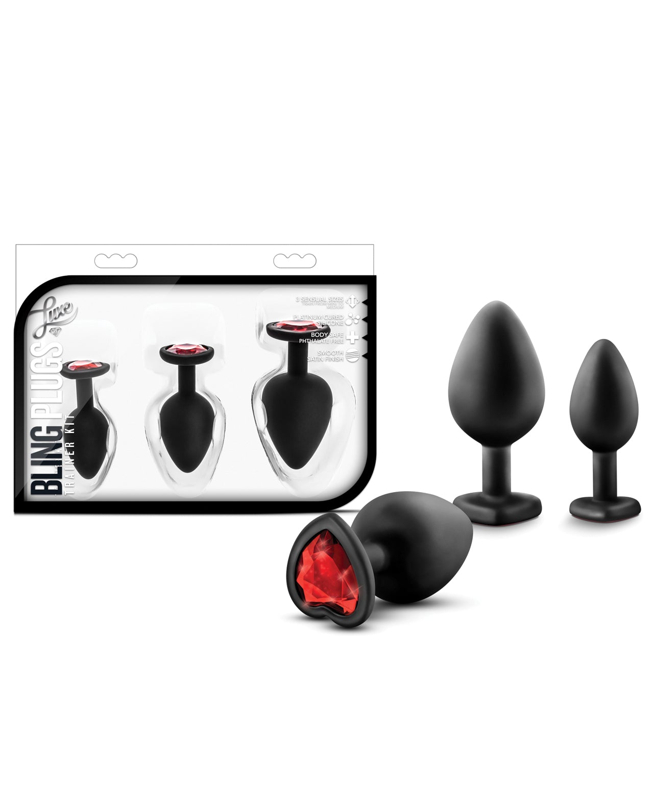 Luxe Anal Products Plug Kit Black with Red Gem Graduated Sizes for Comfortable Anal Training