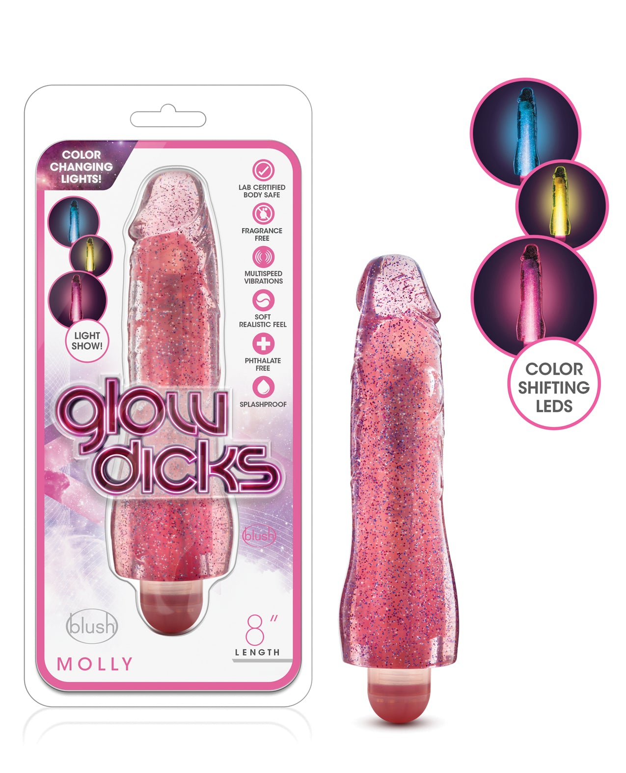 Glow Dicks Vibrator Pink Glitter Multi-Speed Light-Up for Nighttime Pleasure