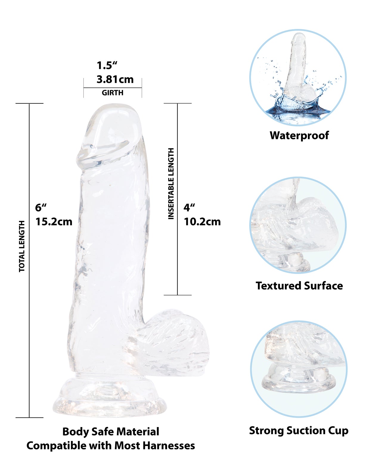 Crystal Addiction 6" Transparent Dong with Suction Cup Base