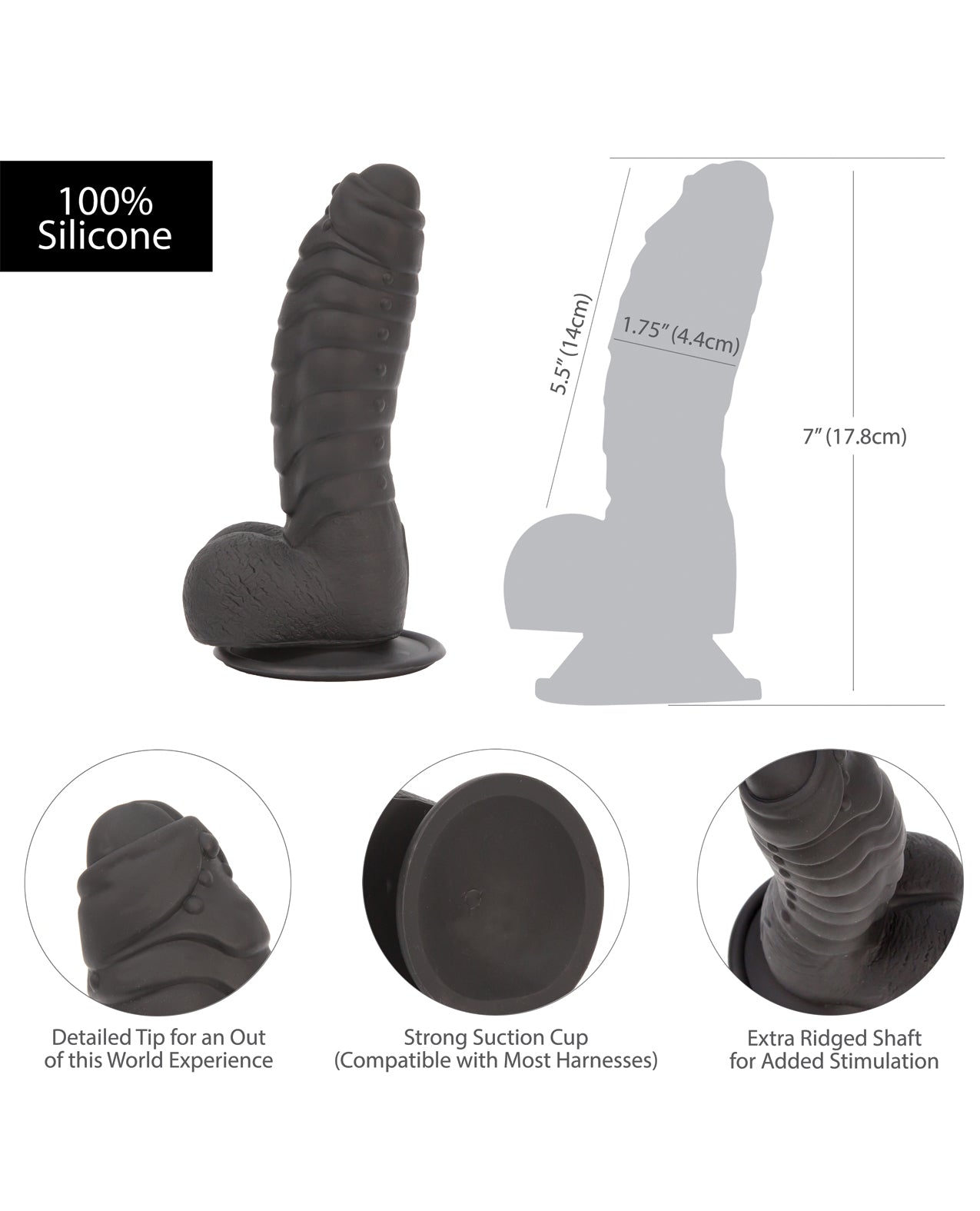 Addiction Ben 7-Inch Silicone Ribbed Dildo with Suction Base - Black