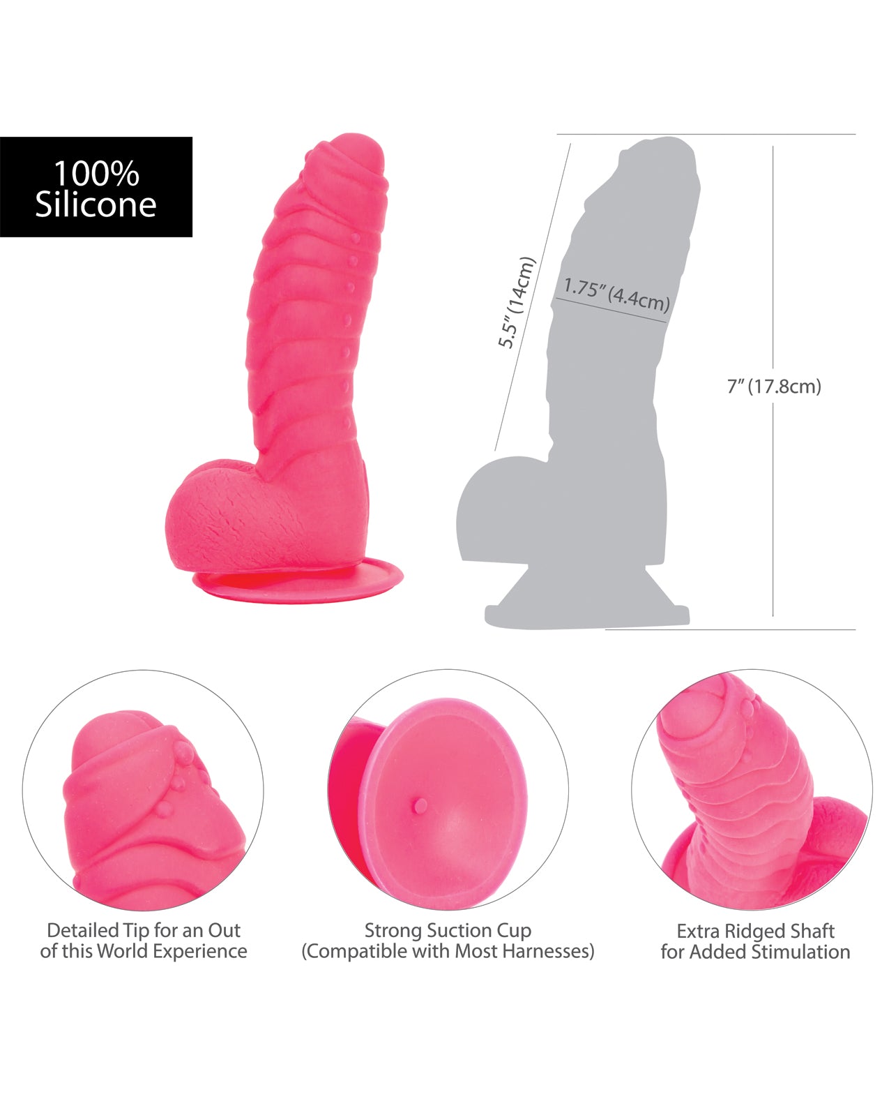 Hot Pink Silicone Ribbed Dildo with Suction & Harness Compatibility