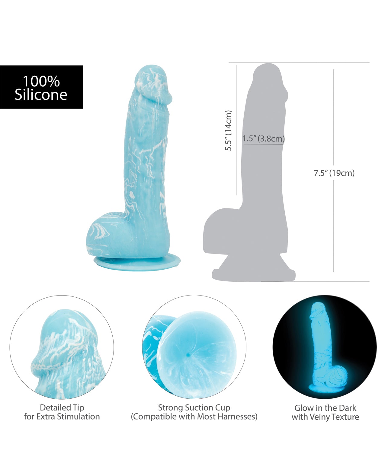 Glow-in-the-Dark Blue Silicone Dildo with Suction Base and Harness Compatibility