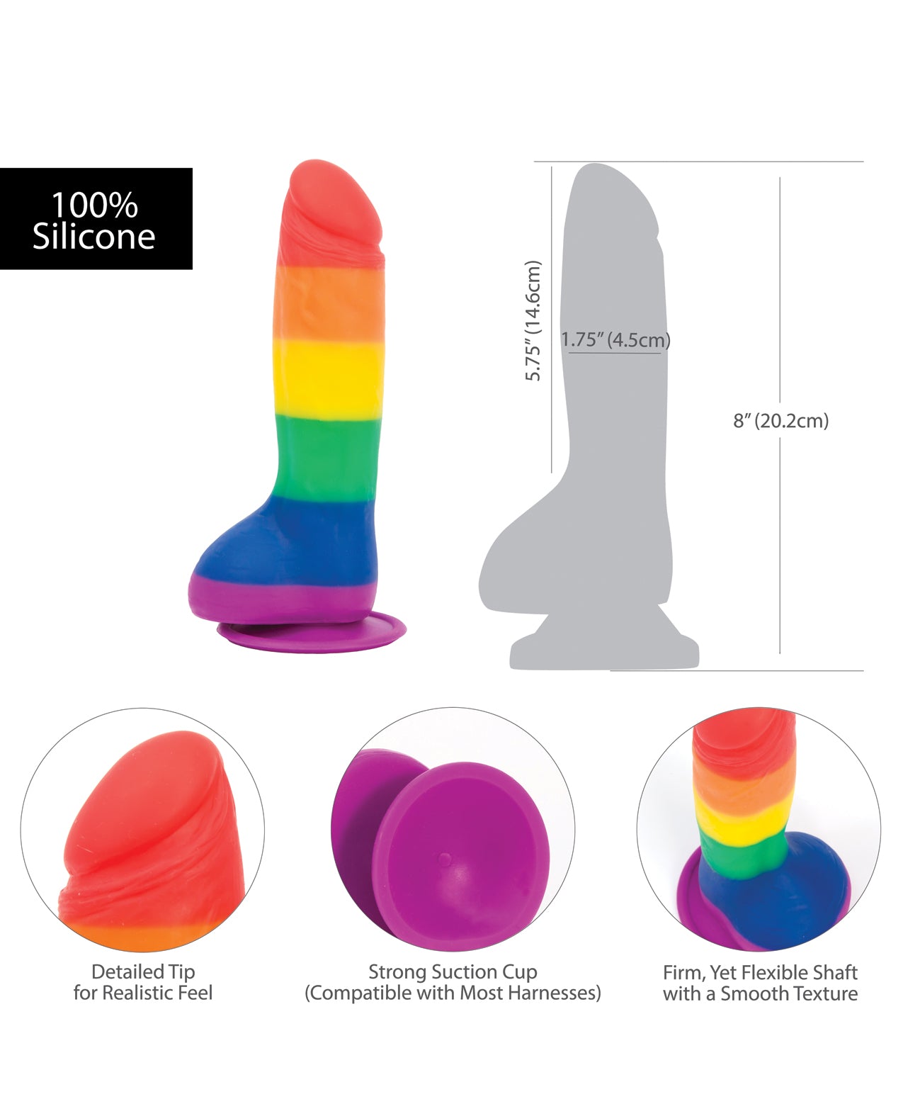 Addiction Justin 8" Rainbow Silicone Dildo with Suction Base and Harness Compatibility