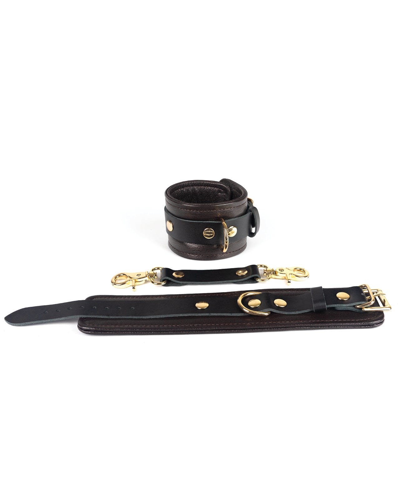 Brown Leather Wrist Restraints with Gold Accent Hardware by Spartacus