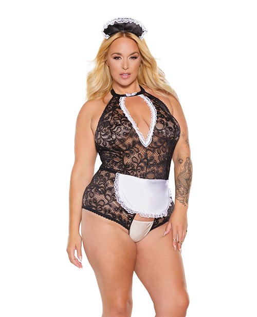 Coquette Costumes Scallop Stretch Lace Crotchless Maid Teddy with Halter Neckline and Adjustable Headpiece for Playful Themed Wear