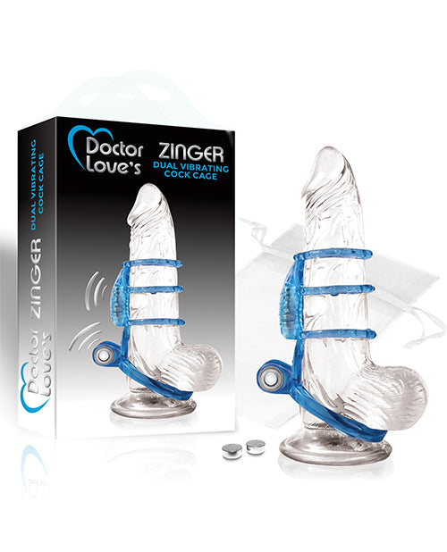 Doctor Love penis enhancement blue dual vibrating cock cage with textured rings for enhanced stimulation and couples pleasure