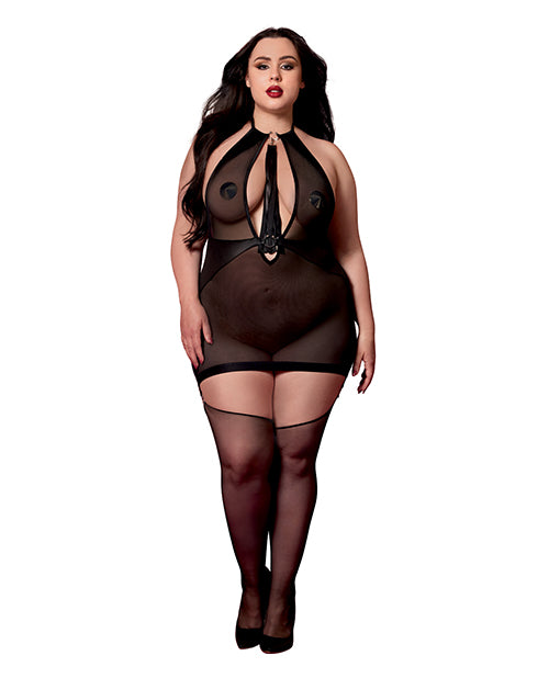 Red Diamond Plus Size Mesh and Faux Leather Gartered Chemise with Removable Flogger for Bold Lingerie Style