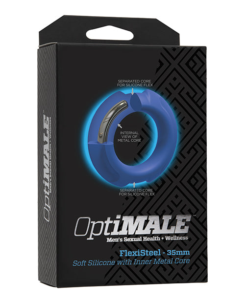 OptiMale Penis Enhancement Cock Ring with Stainless Steel Core and Blue Silicone for Comfortable Support