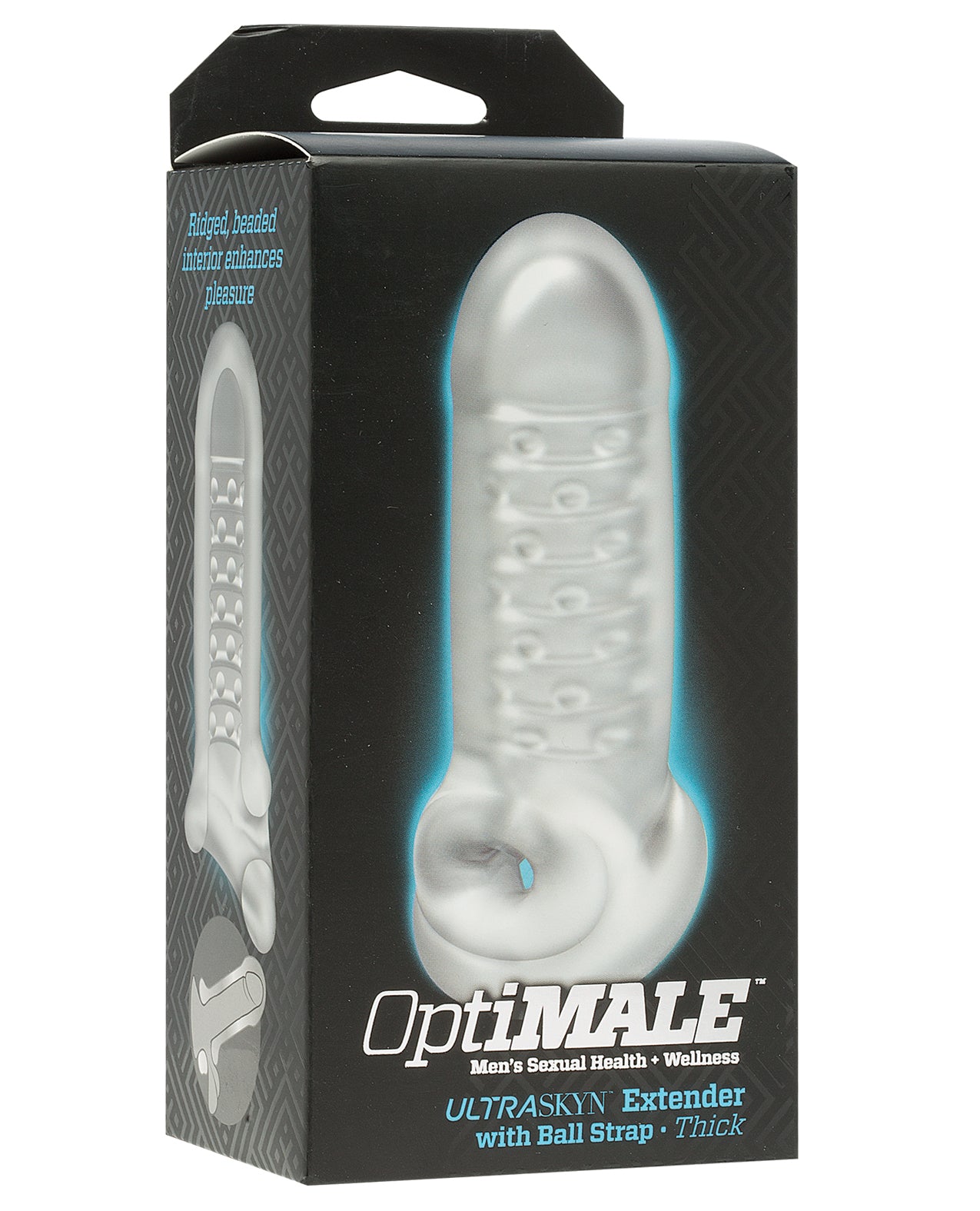 OptiMALE Penis Enhancement Thick Extender with textured interior and secure ball strap for increased length and girth