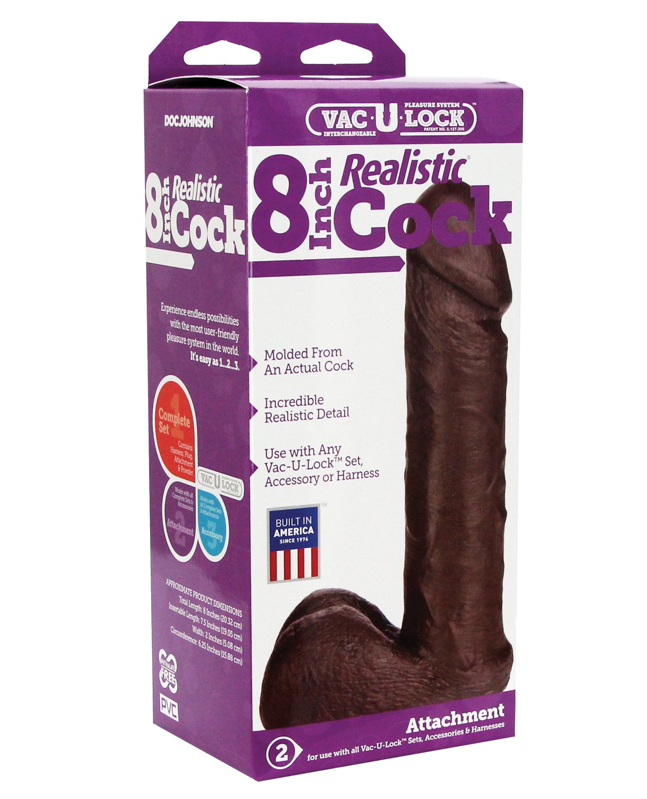 Vac-U-Lock Strap On Attachment 8-Inch Realistic Black with Lifelike Veins and Plush Balls for Versatile Harness Play