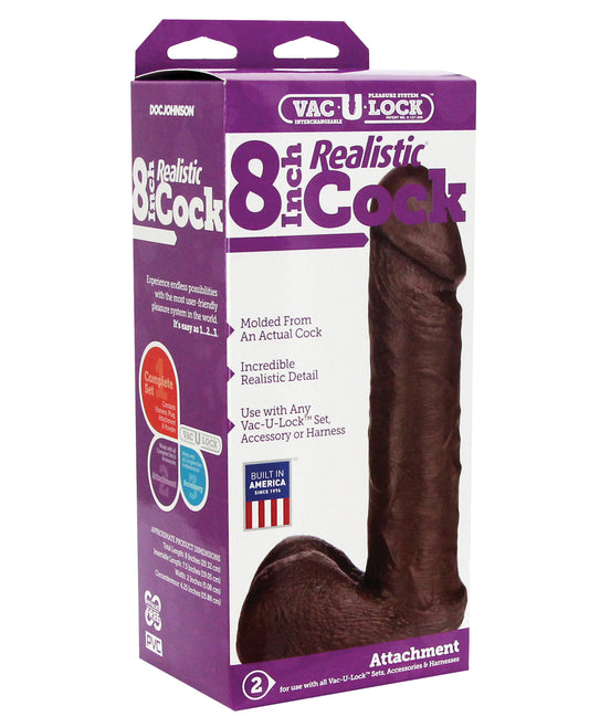 Vac-U-Lock Strap On Attachment 8-Inch Realistic Black with Lifelike Veins and Plush Balls for Versatile Harness Play