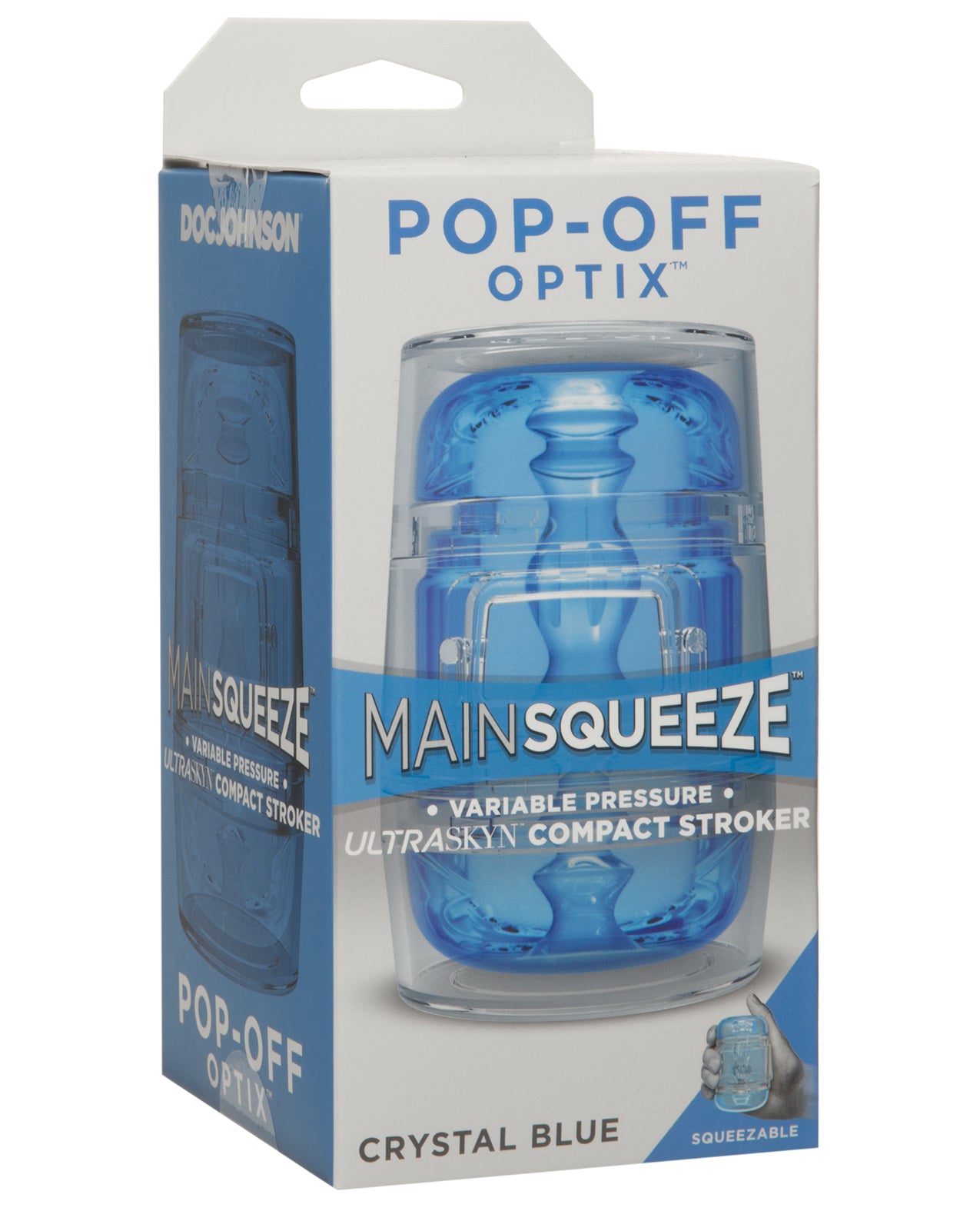 Main Squeeze Male Masturbator Transparent Crystal Blue with ULTRASKYN Texture and Compact Design for Discreet Stimulation