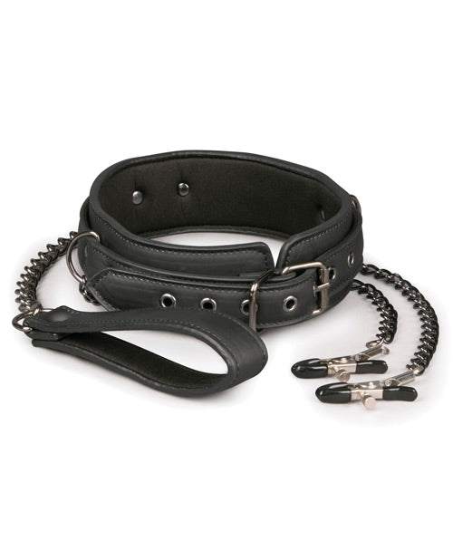 Black Faux Leather Collar with Nipple Chains – Adjustable Bondage Restraint