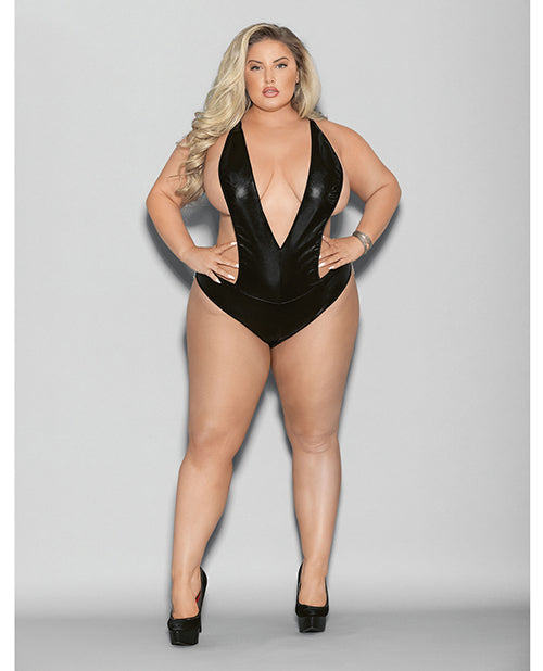 Euphoria Wet Look Teddy Plus Size Deep V Neckline Black Lingerie for Curves and Comfort