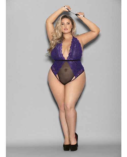 Euphoria Plus Size Lace Mesh Teddy with Wrist Restraints in Purple Black for Sensual Lingerie Confidence