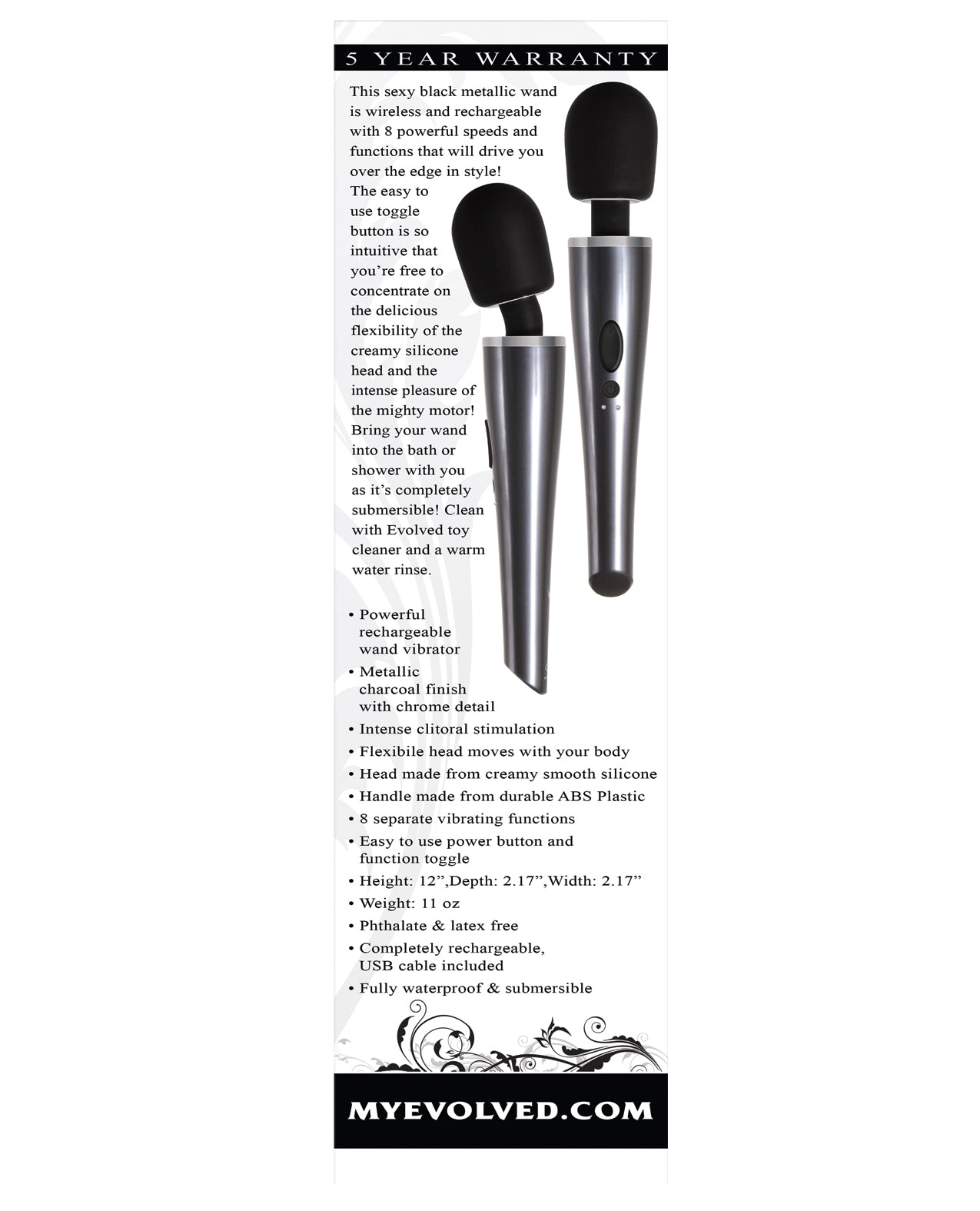 Gray/Black Metallic Wireless Wand Massager with 8 Speeds