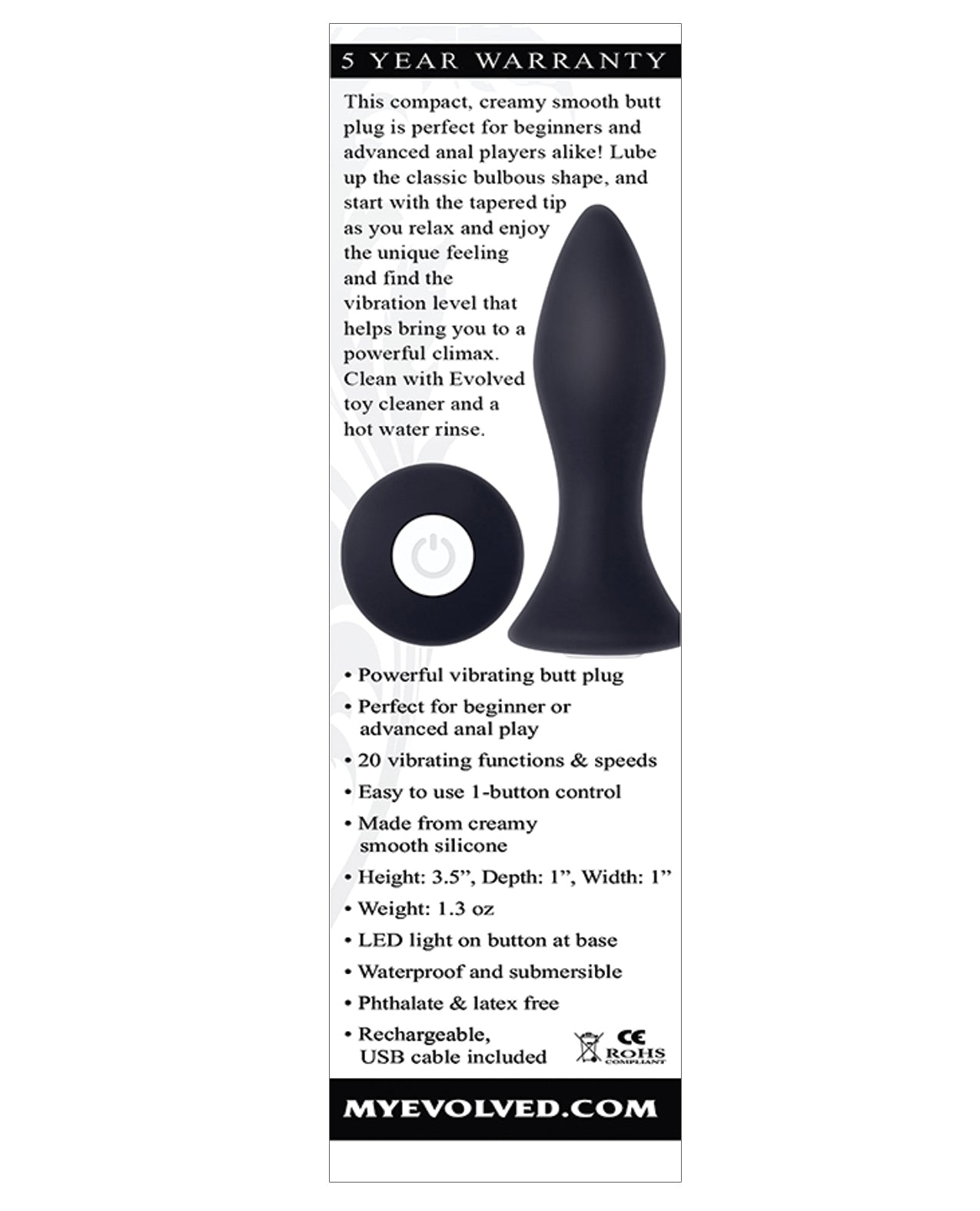 Evolved Mini Butt Plug Black with Vibrating Bulbous Shape