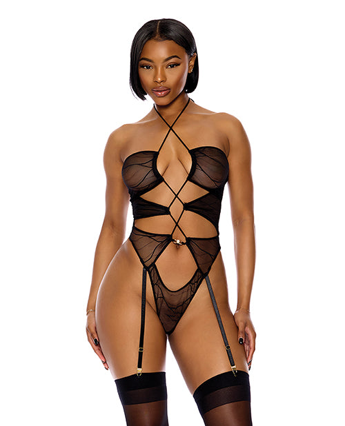 Forplay Lingerie Sheer Mesh Halterneck Teddy Faux Pearl Embellishment Adjustable Drawstring for Elegant Intimate Apparel