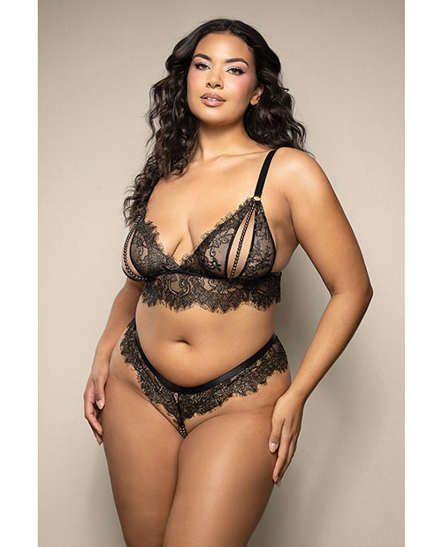Opulence by Fantasy lingerie plus size metallic eyelash lace bralette with split pearl string and crotchless double strand pearl panty for sensual elegance