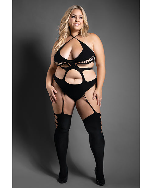 Sheer Fantasy lingerie plus size crotchless teddy opaque design with cut-out accents for curvy comfort and allure