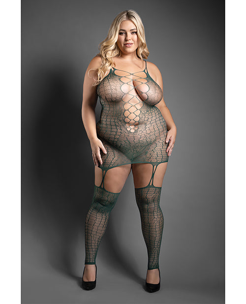 Sheer Fantasy Lingerie Plus Size Bodystocking Dress Crocodile Knit with Attached Stockings for Reptile Print Lingerie Style