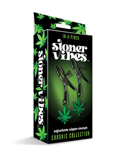 Stoner Vibes nipple clamps with glow in the dark feature and removable rubber tips for customizable pressure during bondage play