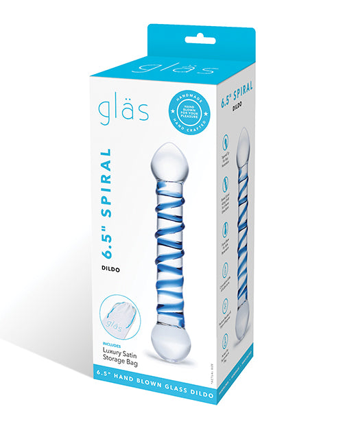 Glas glass dildo with blue spiral texture and ergonomic head for stimulating temperature play