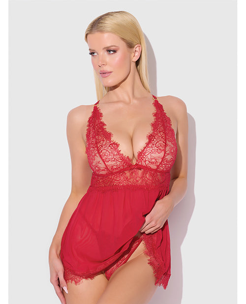 Mila Eyelash Lace & Mesh Babydoll w/G-String 2 pc Set - Red SM