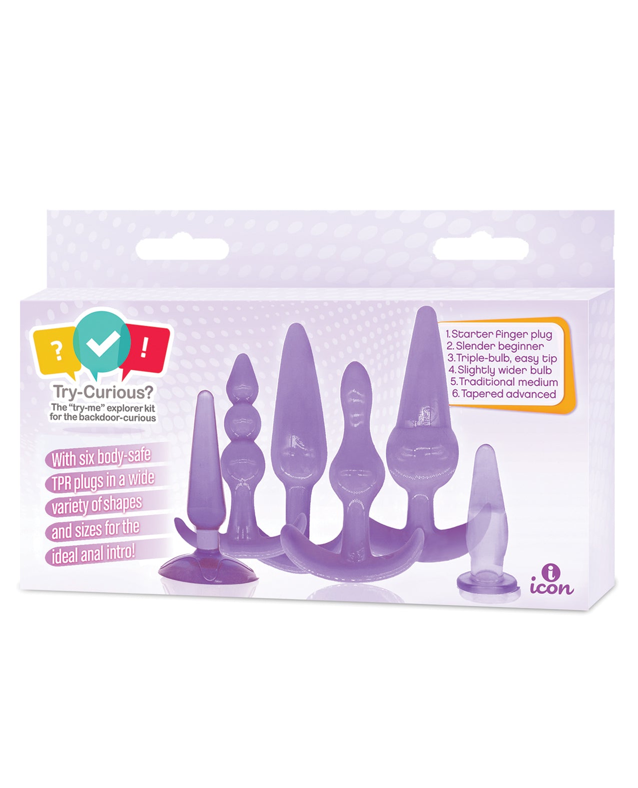 Try-Curious Anal Plug Kit Set of 6 TPR Anal Plugs in Purple with Assorted Shapes for Beginner Exploration