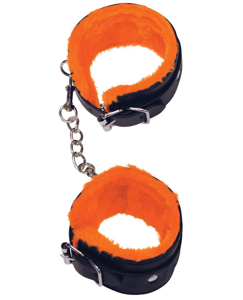 Faux-Fur Lined Ankle Cuffs with Orange Leatherette and Metal Chain