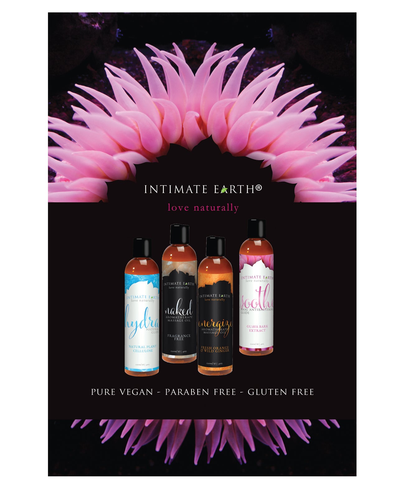 Intimate Earth Promotional Poster with Love Naturally Design and Vibrant Imagery for Retail Display