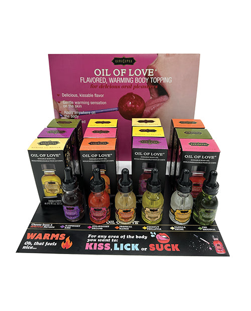 Kama Sutra Oil of Love Display Flavored Sensual Oils Set with Testers for Romantic Massage and Retail Sampling