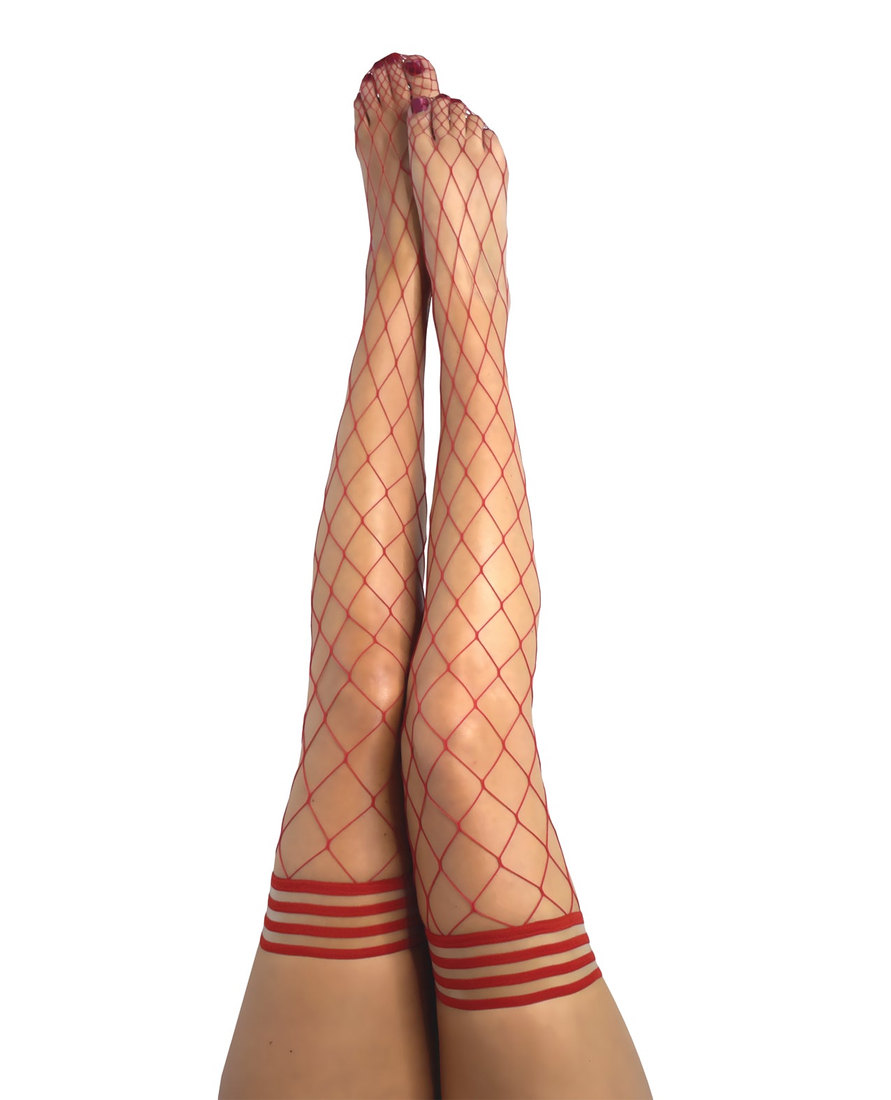 Kix'ies Red Fishnet Thigh High Stockings Large Net Design No-Slip Grip for Versatile Lingerie Styling