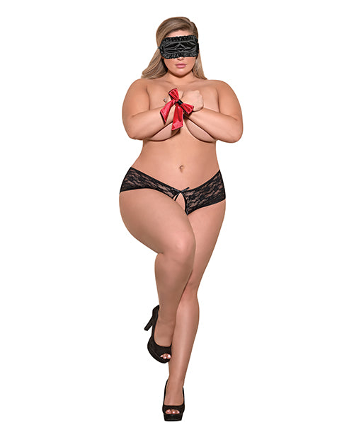 Exposed lingerie set split back lace booty short satin blindfold wrist ties for plus size intimacy