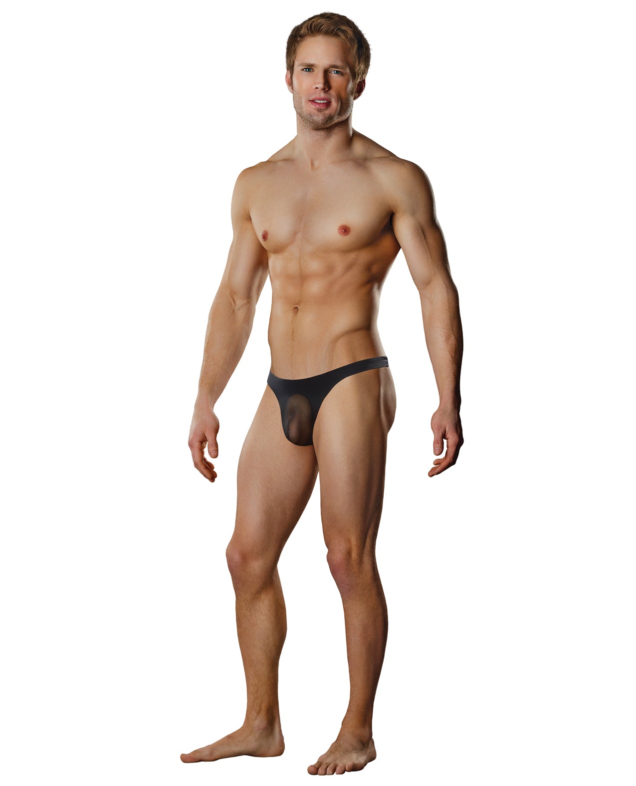 Male Power men's thong sheer nylon Lycra pouch black for supportive and daring intimate style