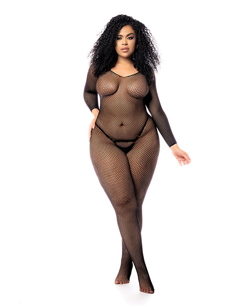 Mapale Plus Size Fishnet Bodystocking with Long Sleeves and Stretch Fabric for Comfortable Lingerie Layering
