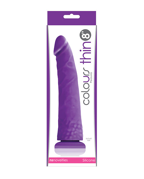 Colours silicone dildo thin satin-textured purple suction cup for versatile hands-free pleasure