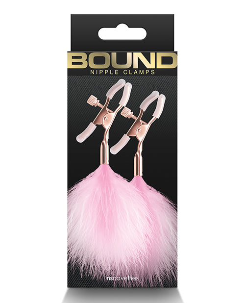 Bound Bondage Nipple Clamps Adjustable Silicone Tips Pink Faux Feather for Sensory Stimulation