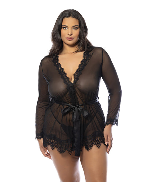 Oh La La Cheri short robe sheer mesh eyelash lace trim with matching G-string for elegant plus size lingerie