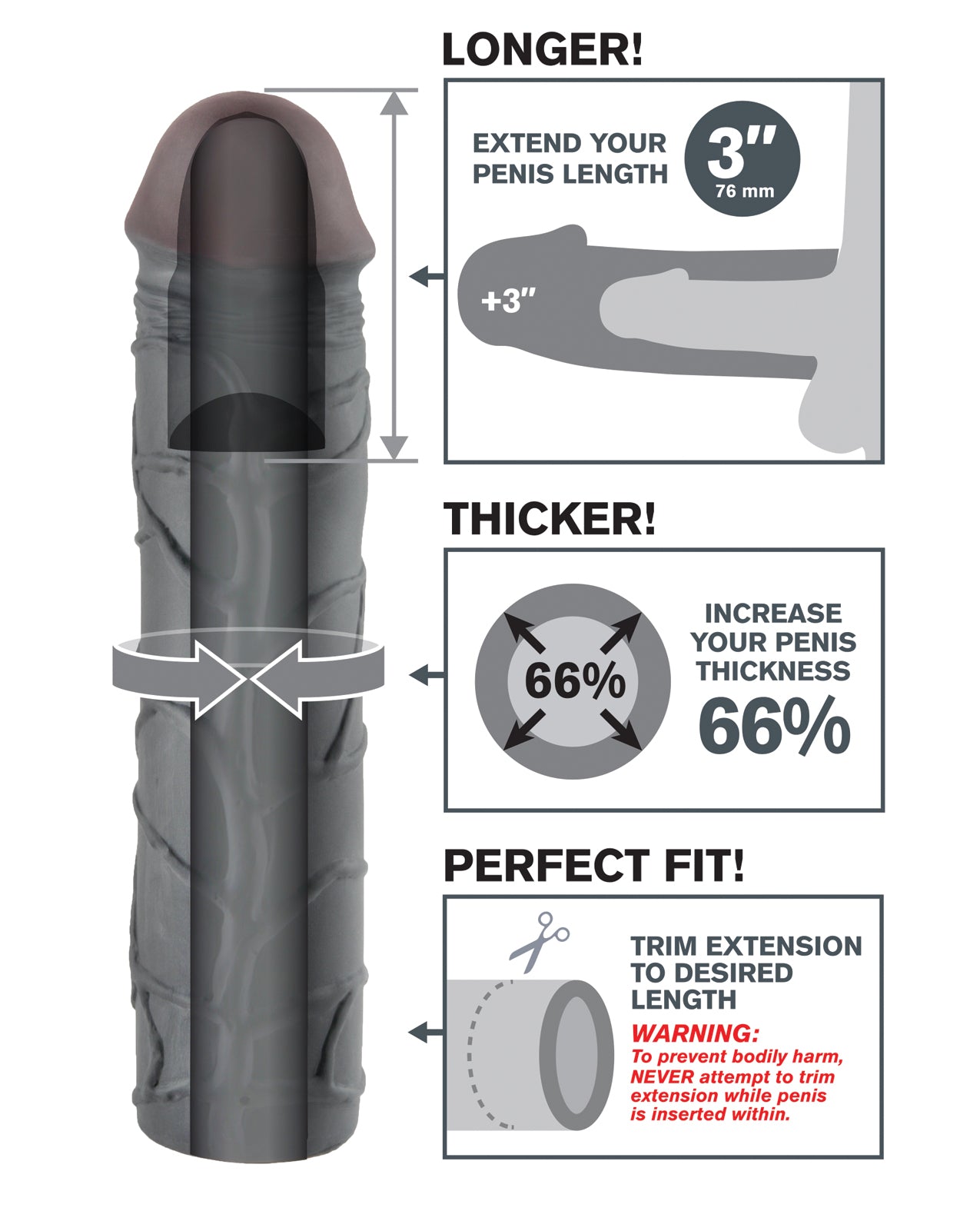 Fantasy X-tensions Mega 3" Extension in Black – Realistic Penis Enhancement Sleeve